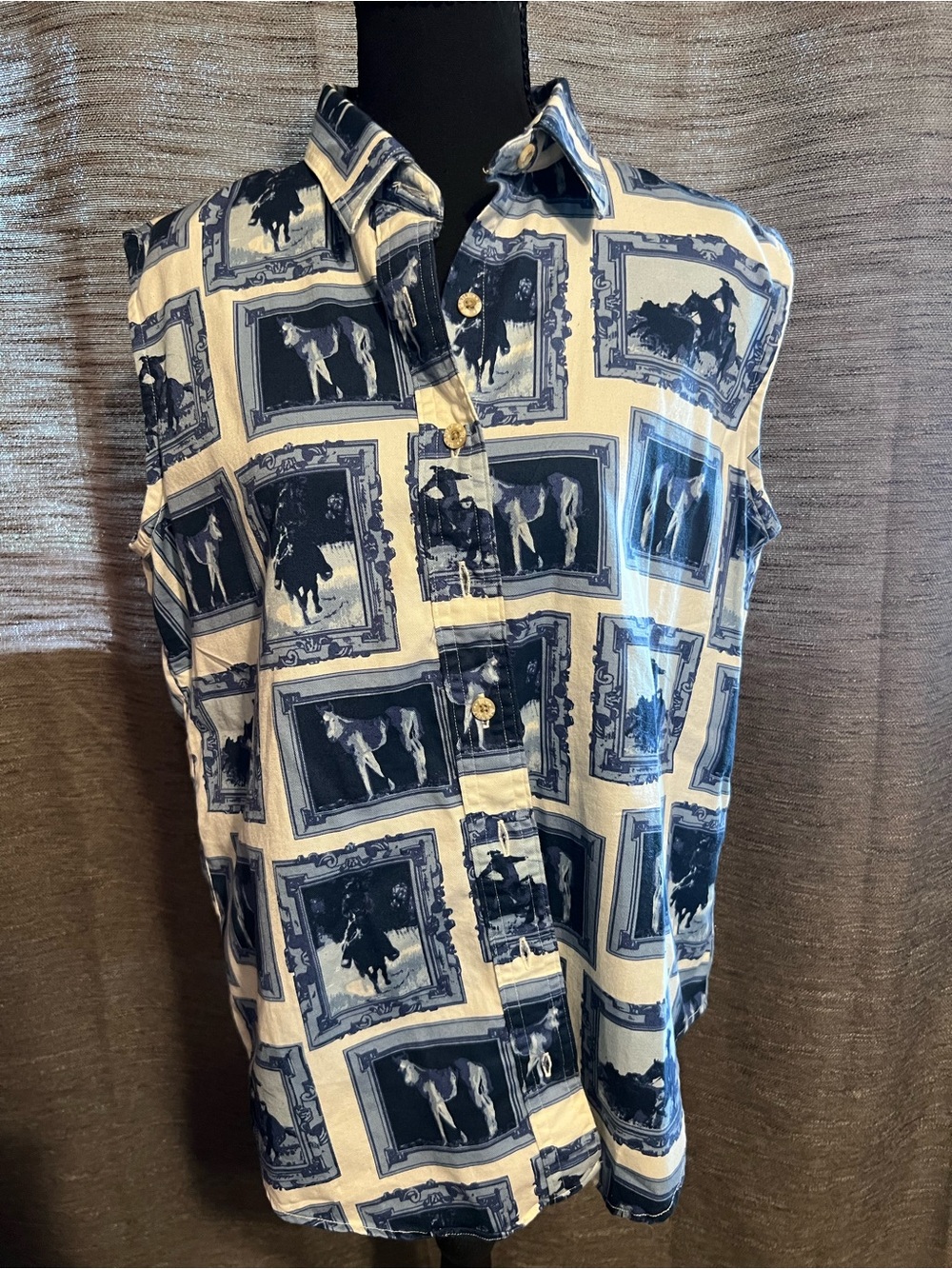 Sleeveless Button-Down Shirt in Navy and White with Equestrian Print